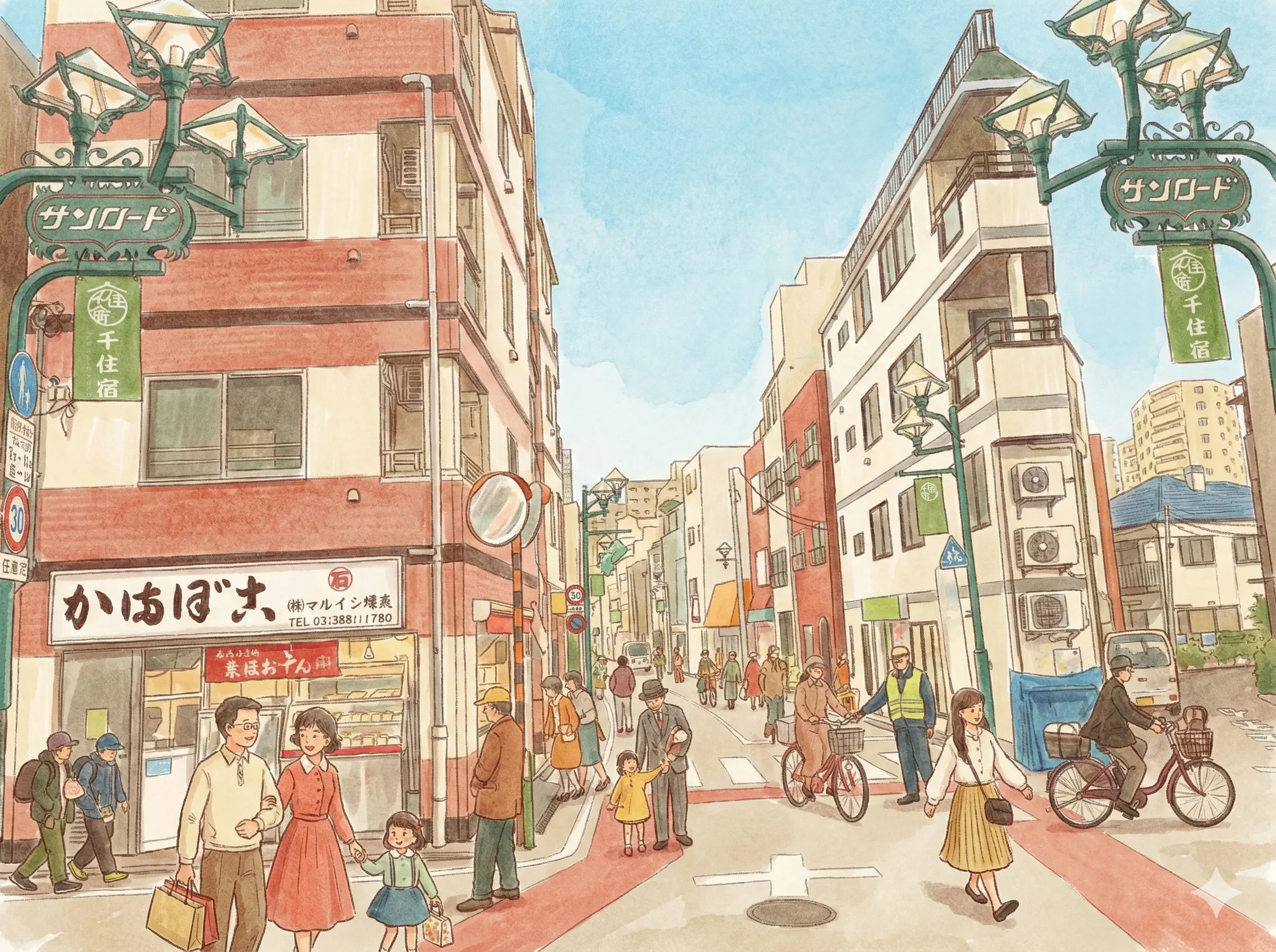 千住宿商店街サンロードゾーンの商店街イラスト